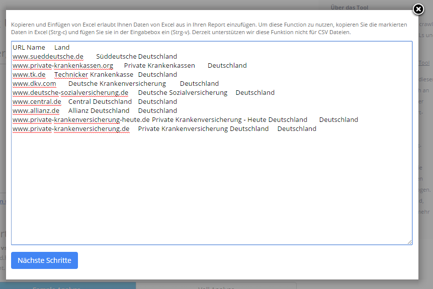 Backlinks Upload oder Einfügen über Excel